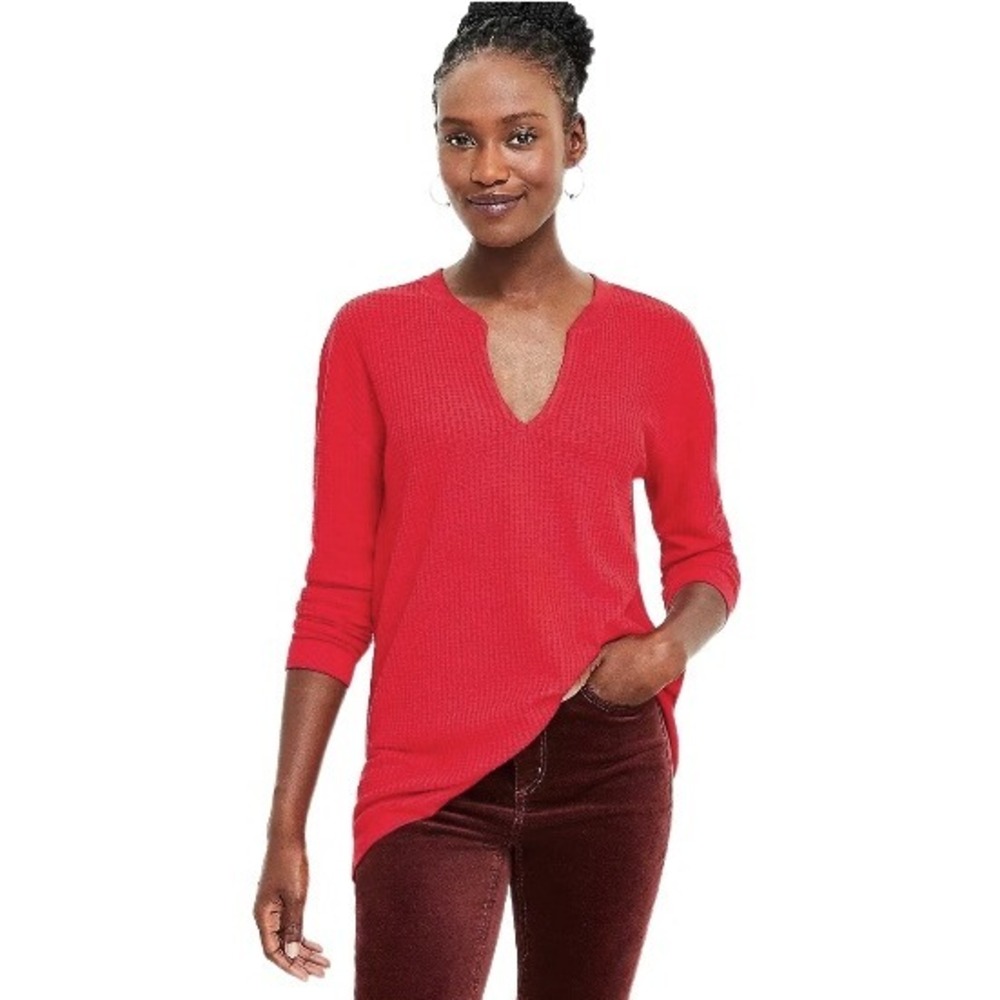 LOFT Women's Red Long Sleeve V-Neck Waffle Knit Pullover Sweater Size M